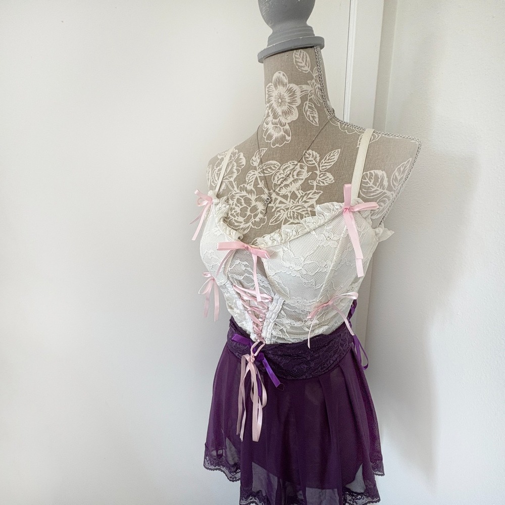 White Lace Corset Top Pink Satin Bows Lace-Up Coquette Cami Size XS-S